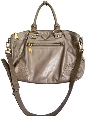Prada Vitello Shine Gray Leather Top Handle Gold Large Satchel Crossbody Bag